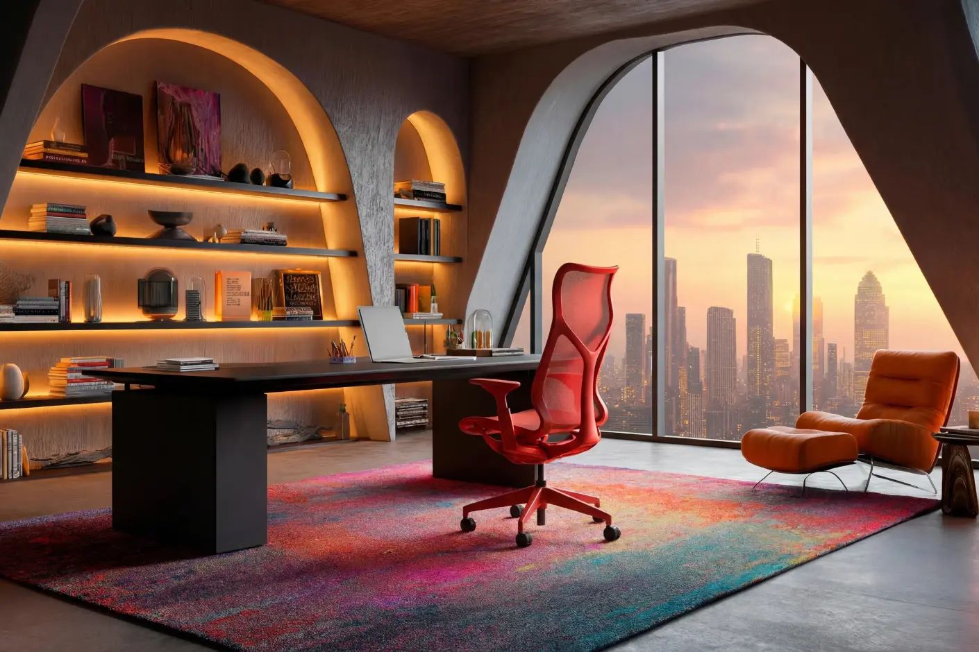 An office space with a view of skyscrapers from the window with a lighted book shelf in the background
