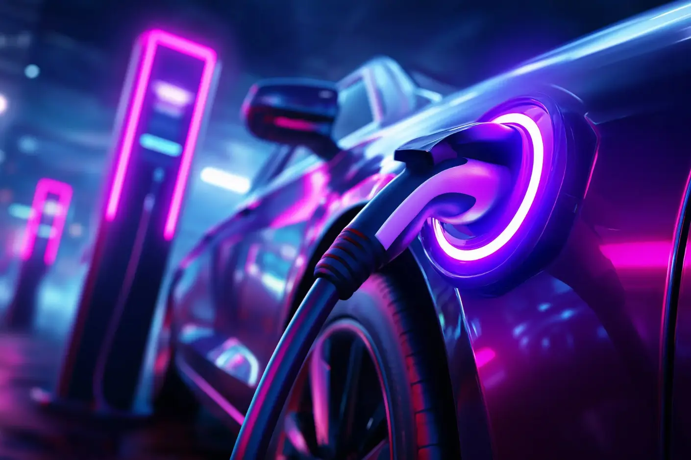 A purple neon color EV charging unit connected to a EV car