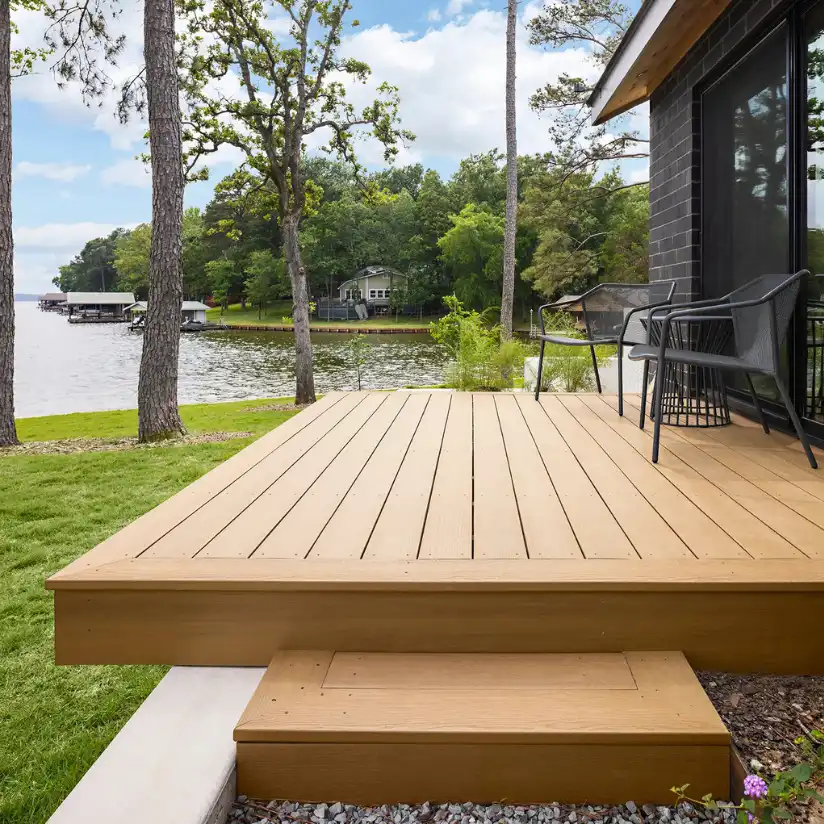A water front cabana with two chairs in the section completed with dasso bamboo wood decking