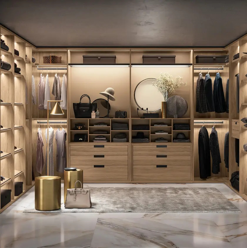 A wardrobe with lights turned on with clothes manufactured by seaform by JAT Holdings